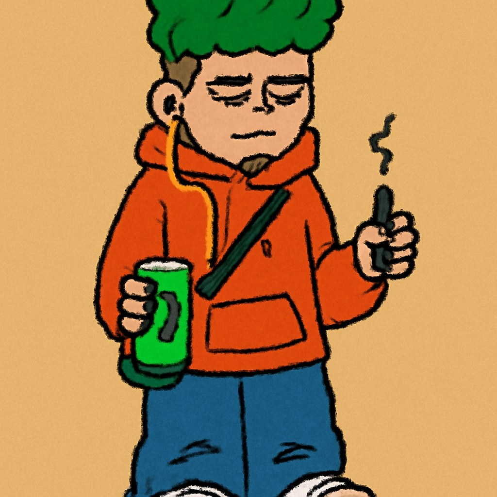 A zoomer from the knees up in an oversized orange hoodie, one white earbud in one ear only, an energy drink in one hand and a vape in the other